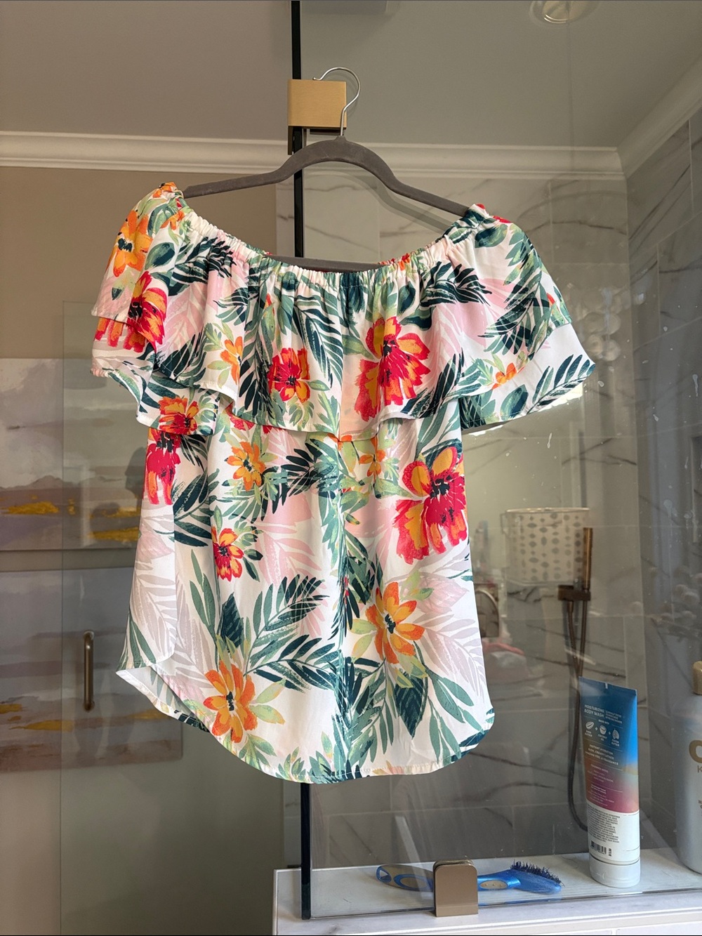 Mary & Mabel White Off-Shoulder Floral Top with Pink and Yellow Blooms